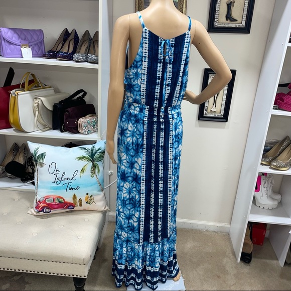 Luxology NWT! Blue/White Sleeveless Tie Back Stretch Tie-Dye Maxi Dress Size 12 - Picture 5 of 13